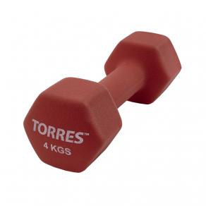 Гантель TORRES 4 кг, PL55014, металл в неопреновой оболочке, форма шестигранник, красный