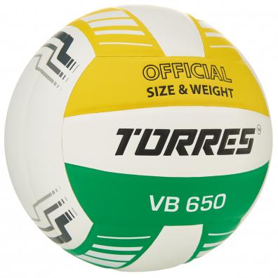 Мяч вол. TORRES VB 650, V32425, р.5, синт.кожа полиуретан, клееный, бут.кам, бел-зелено-желт