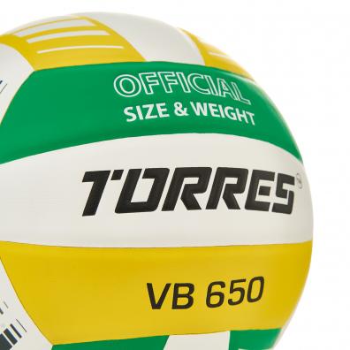 Мяч вол. TORRES VB 650, V32425, р.5, синт.кожа полиуретан, клееный, бут.кам, бел-зелено-желт