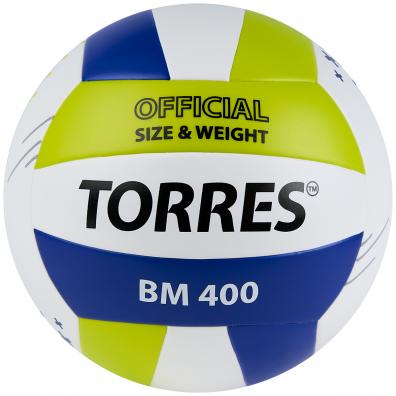 Мяч вол. TORRES BM400, V42315, р.5, синт. кожа (ТПУ), клееный, бут.кам., бело-сине-зелен