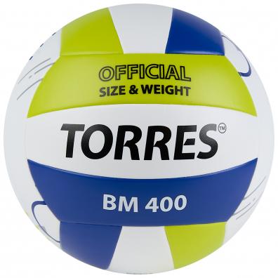 Мяч вол. TORRES BM400, V42315, р.5, синт. кожа (ТПУ), клееный, бут.кам., бело-сине-зелен